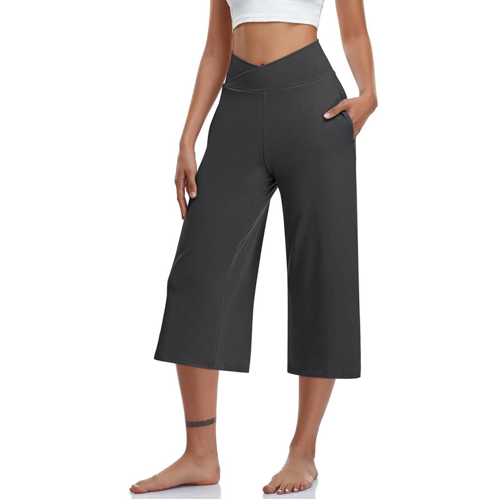 Women  Elastic High Waist 3/4 Pant Casual Active  Fit Wide Capris Leg Pants Trousers With Pockets