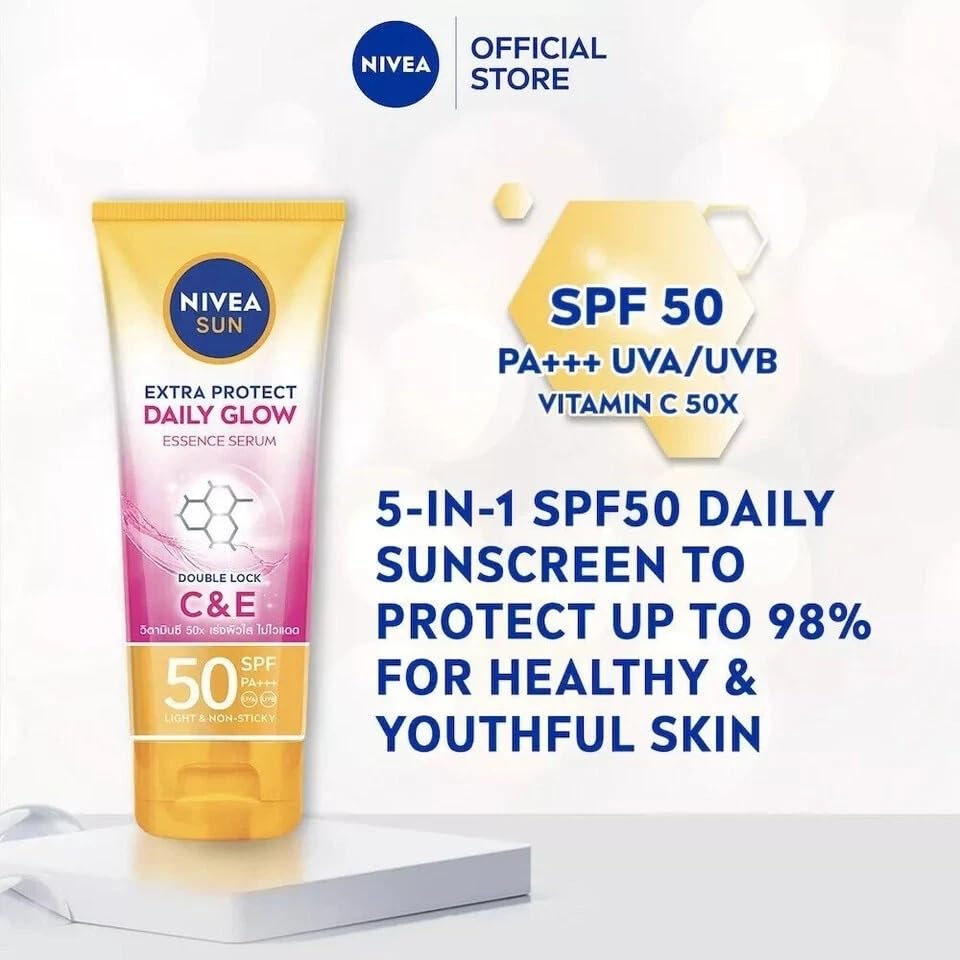 NIVEA Sun Extra Protect Ежедневная сыворотка-спрей для тела с эффектом сияния SPF50 PA+++ с витамином C и витамином E, защита от UVA/UVB, защита от загрязнений, быстро впитывающаяся