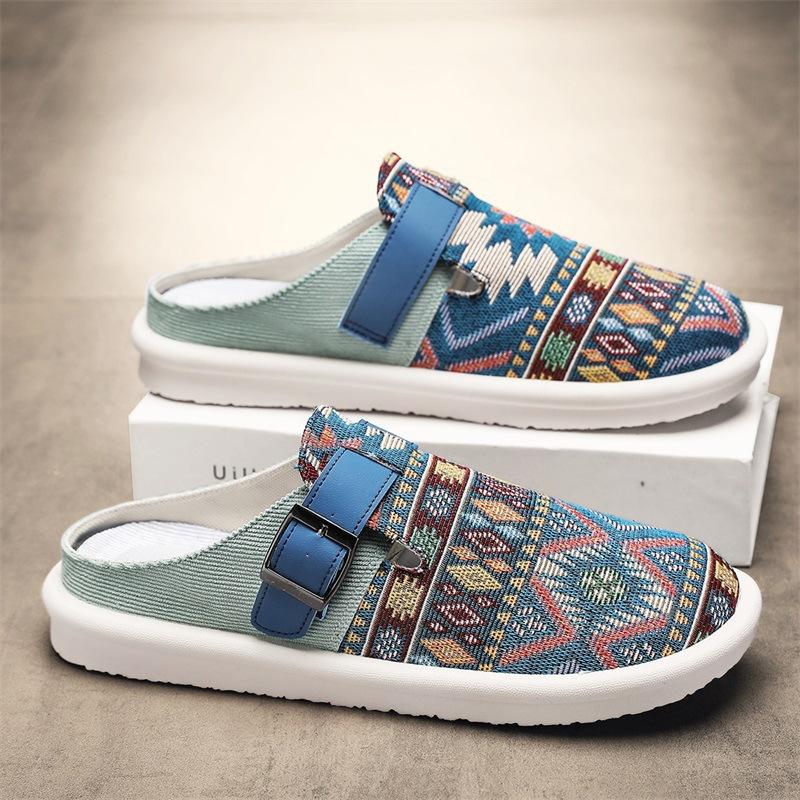 Новые четырехсезонные мужские тапочки из дышащей ткани, подходящей по цвету, на плоской подошве, повседневные, с сумкой на голову, полутапочки