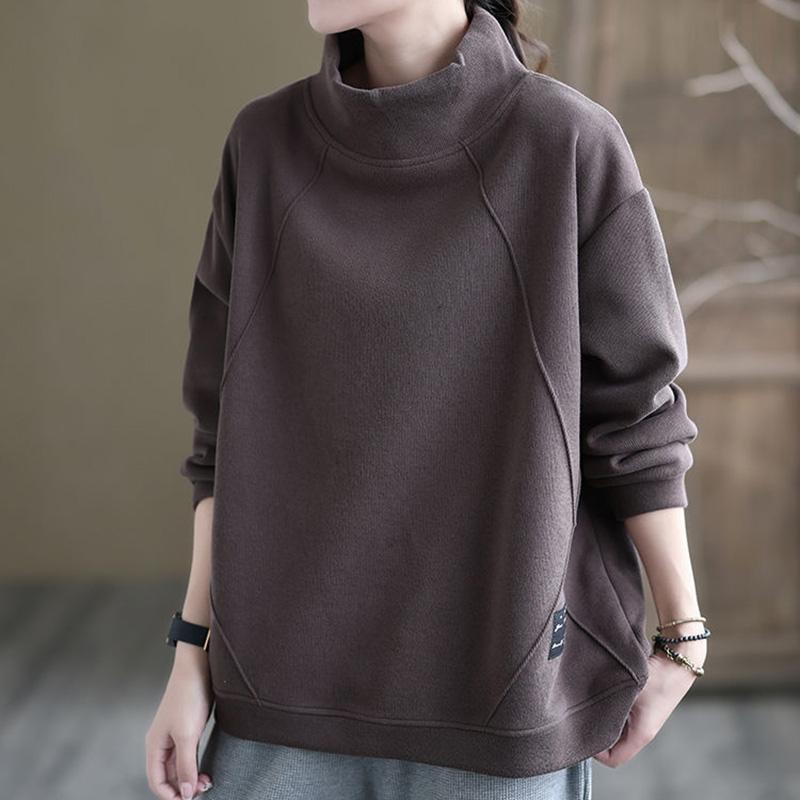 Свитшот для женщин, хлопковая свободная футболка большого размера с длинным рукавом, флисовая утолщенная удобная повседневная кофта с высоким воротом