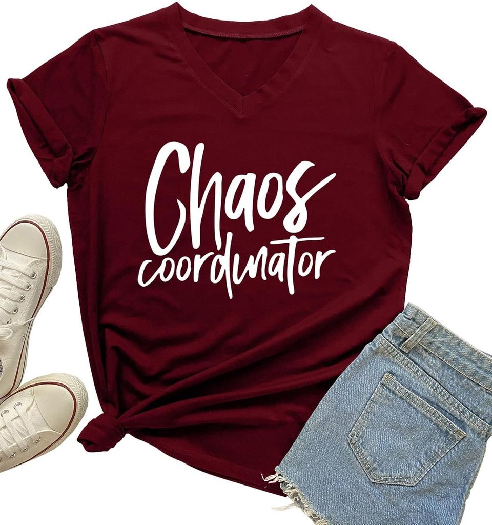Women's Chaos Coordinator T Shirt Funny Casual V-Neck Graphic Tees Size