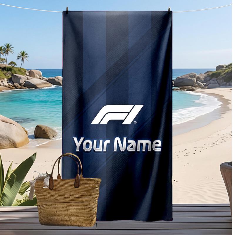 F1 Custom Beach Towel, Print Your Name Text Lightweight Absorbent Towel for Swimming Travel