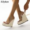 Summer PVC Transparent Peep Toe Cane Straw Weave Slippers Platform Wedges Sandals Women Fashion High Heels Female Shoes