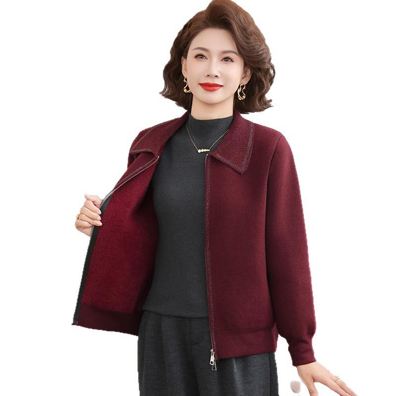 Plus Velvet Lapel Knit Top for Middle-Aged & Elderly Women - Autumn/Winter Warm Casual Jacket
