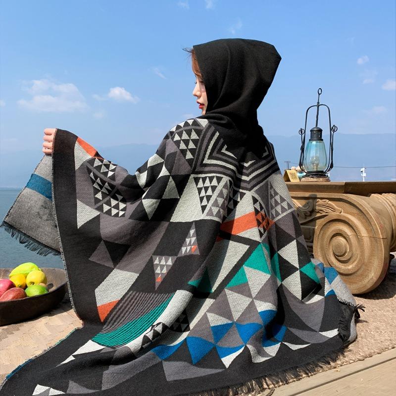 Travel Scarf Dual-purpose Fringed Edge Summer Air-conditioned Room with Hat Cloak Triangular Combination Imitation Cashmere Shawl