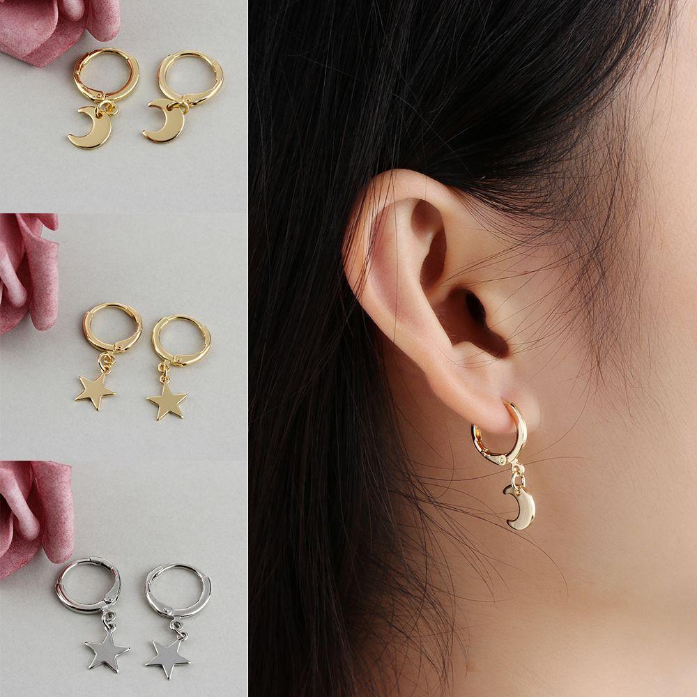 Women Tiny Moon Crescen Jewelry Ear-cuffs Ear Piercing Small Star Charms Huggie Hoop Earring