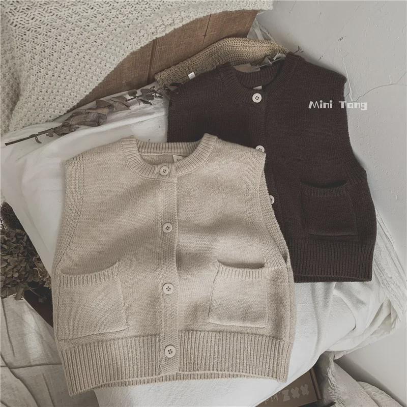 Forest Style Kids' Knitted Vest: Solid Color Versatile Sweater Cardigan for Boys & Girls - Perfect for Spring & Autumn Trends