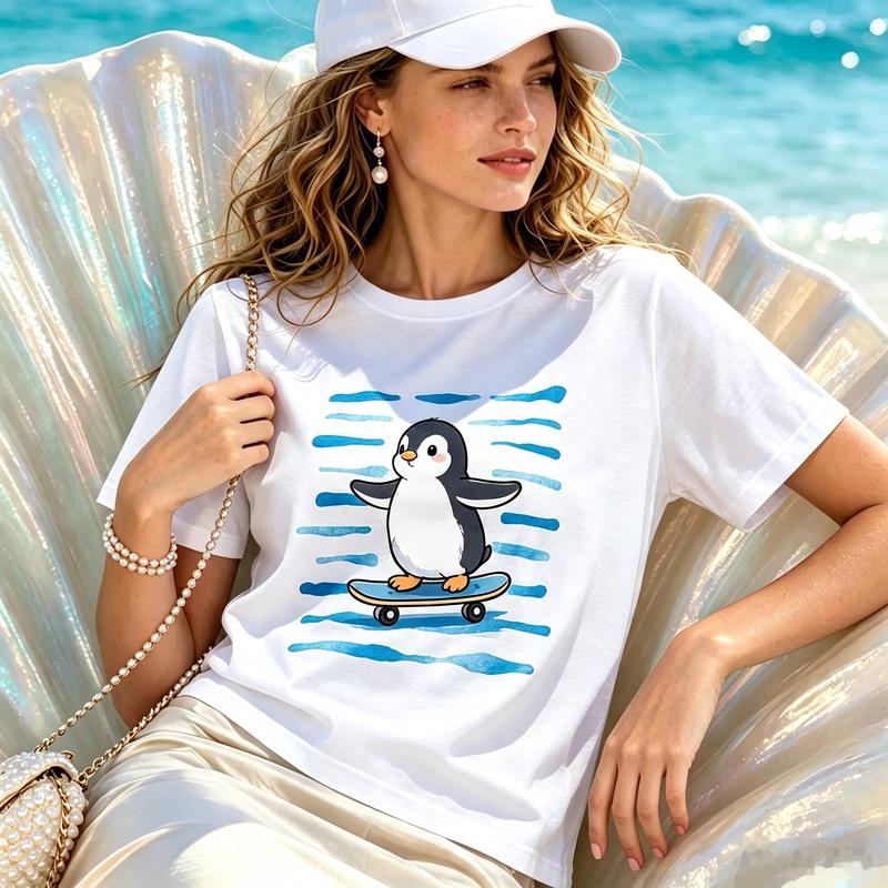Trendy Skate Penguin Ocean Stripes Watercolor Art T Shirt Navy Premium Cotton Short Sleeve Sea Animal Beach Travel Souvenir Tee