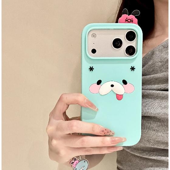 Cute 3D Cartoon Macaron Blue Phone Case with Pendant for iPhone 12 13 14 15 16 17 Pro Max Plus Soft Protective Cover