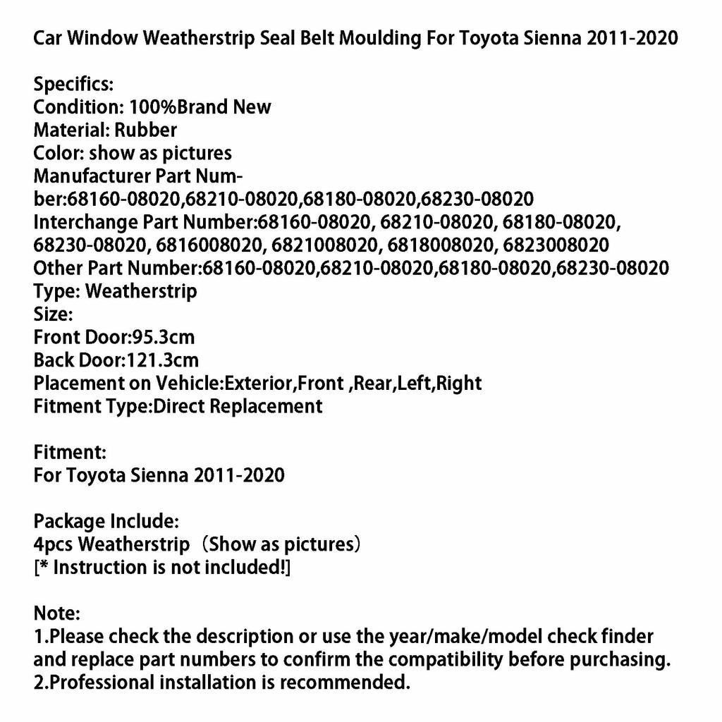 Уплотнитель стекла двери автомобиля для Toyota Sienna 2011-2020