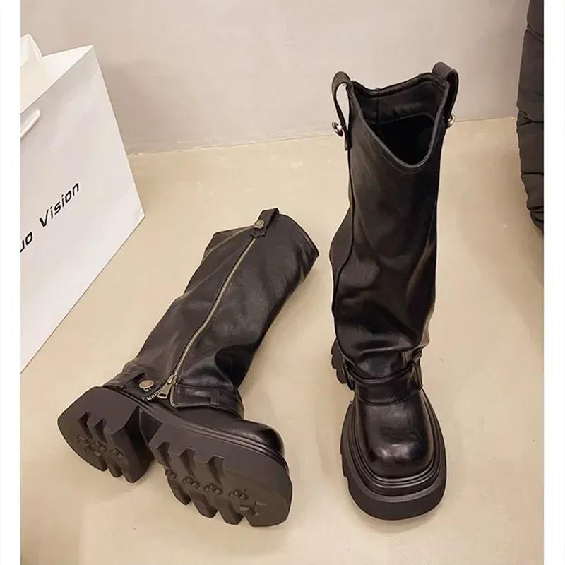 Fashion New Chunky Platform Boots Women 2025 Winter Warm Non-slip Thick Bottom Long Boots for Women Rivet Zip Punk Design Knight Boots