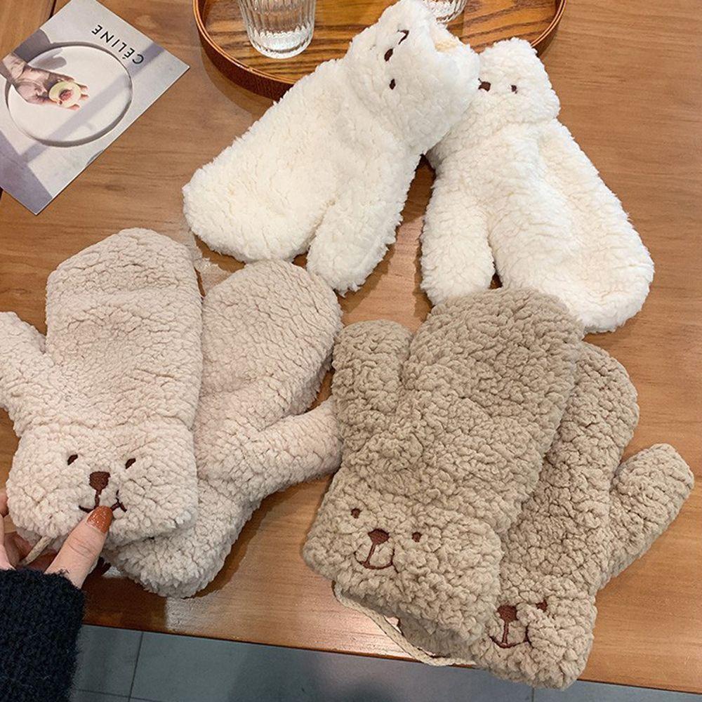 Elegant Plush Full Fingers Outdoor Thicken Hanging Gloves Women Winter Gloves Korean Mittens Bear