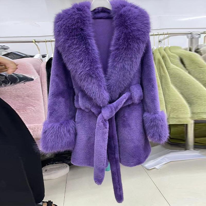 Однотонное искусственное меховое пальто средней длины для женщин, зимнее, с большим воротником из искусственного меха лисы и длинными рукавами, парки, модная верхняя одежда