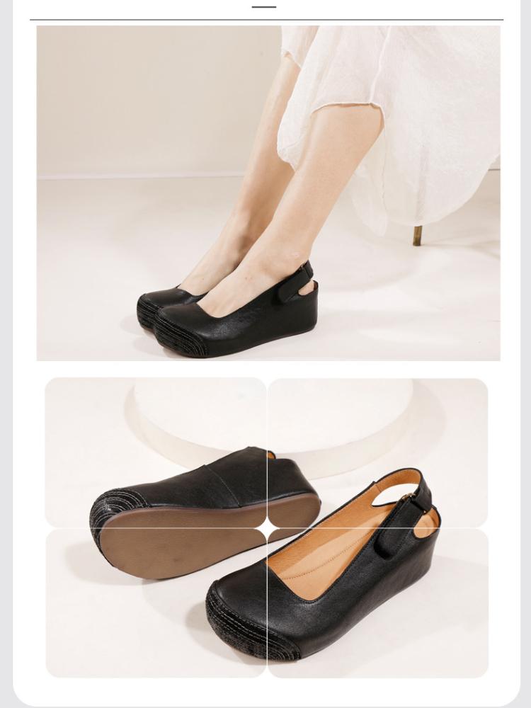 Johnature Сандалии на танкетке из натуральной кожи в стиле ретро. Удобная женская обувь с круглым носком на мягкой подошве.