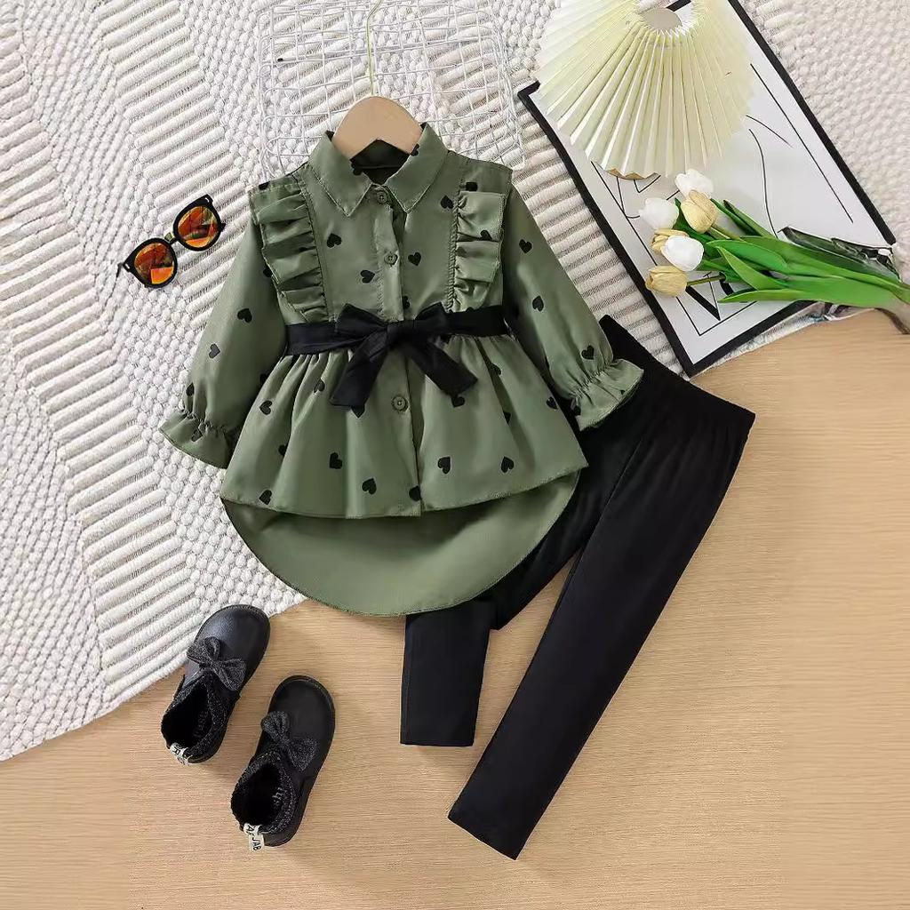 Осенняя мода для девочек, длинное платье-рубашка с поясом, леггинсы, костюм