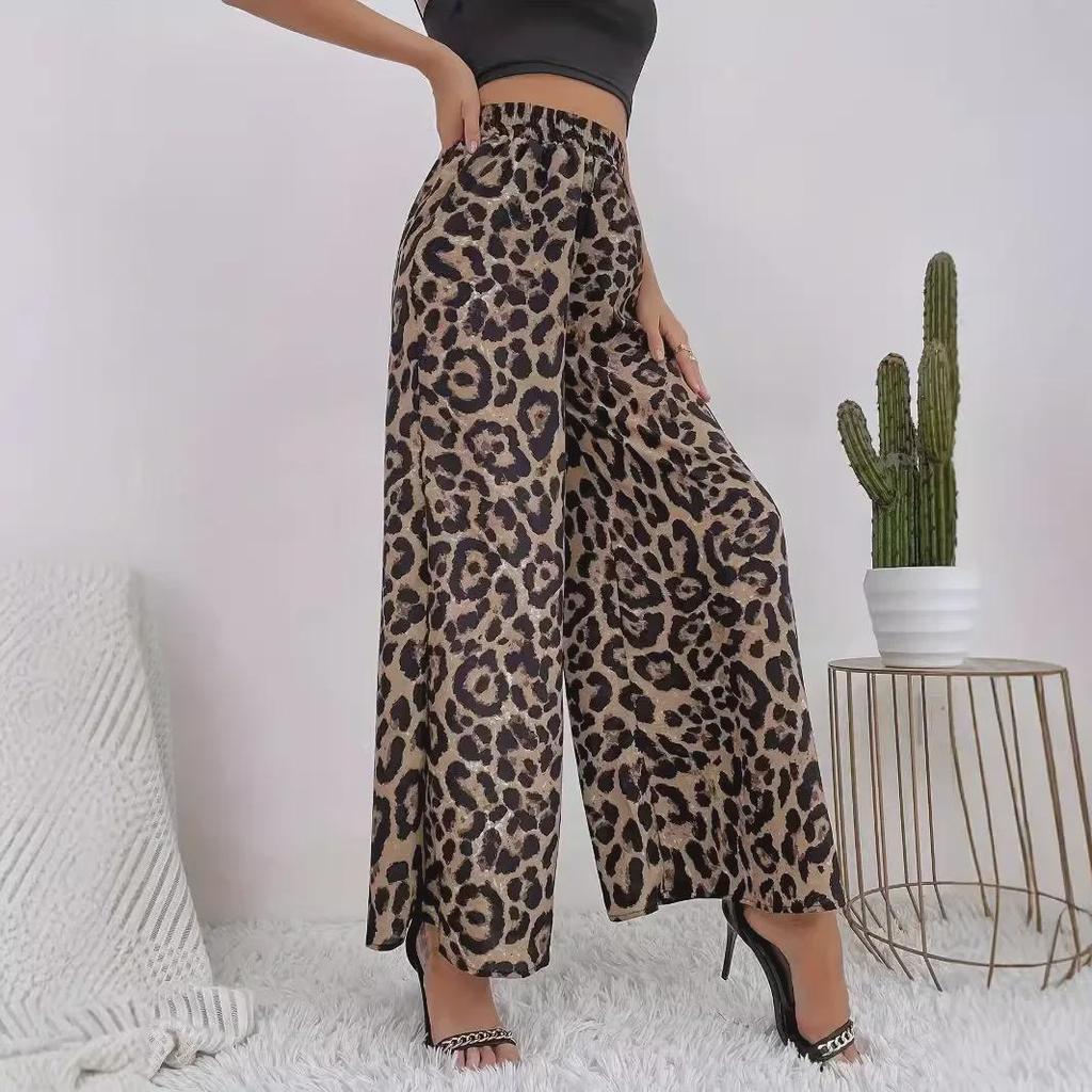 American Classic European Womens Leopard Print Wideleg Elastic Waist Pants