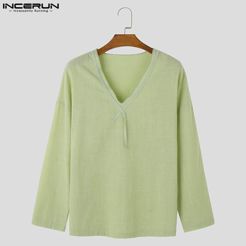 INCERUN Men Spring V Neck Long Sleeve Shirts Casual Loose Tops