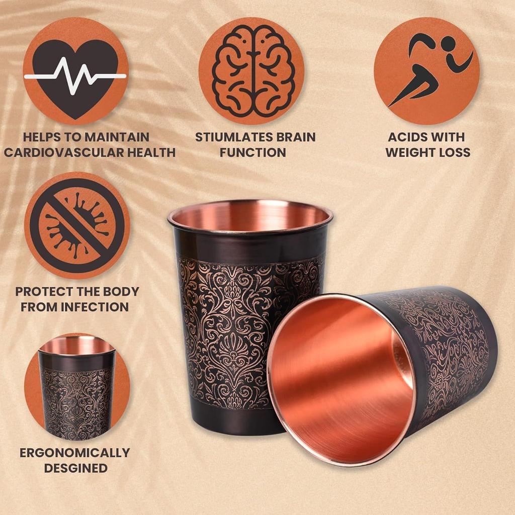 India Decorative India Premium Copper Water Glass With Carving Design And Black Antique Royal Glossy