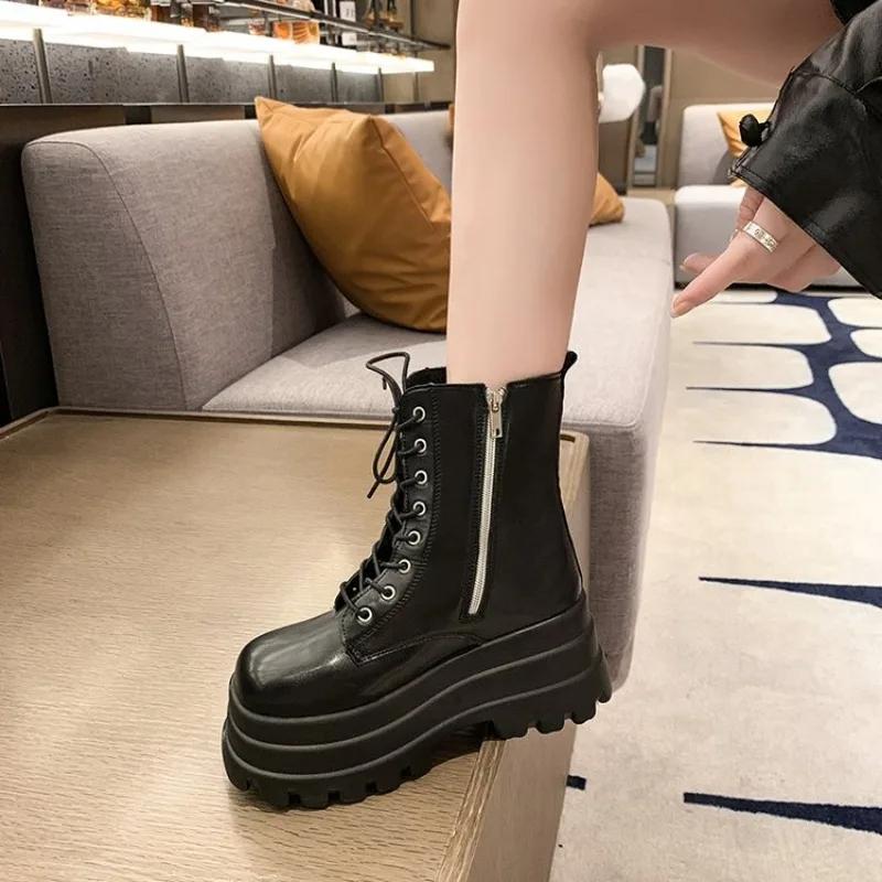 Модные зимние новые элегантные модные повседневные короткие ботинки с боковой молнией на круглом носке и толстой подошве, увеличивающие рост, женские модные ботинки