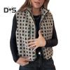 Women Vest Jacket Stand-up Collar Contrast Color Sleeveless Checked Pattern Cardigan Waistcoat Zipper Closure Daily Outdoor Outerwear