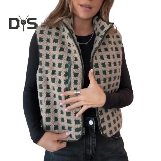 Women Vest Jacket Stand-up Collar Contrast Color Sleeveless Checked Pattern Cardigan Waistcoat Zipper Closure Daily Outdoor Outerwear