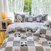 Cute Panda Duvet Cover Twin Queen Size for Kids Girls Boys Room Decor,Gray Grid Bedding Set 3pcs,Cartoon Animals Comforter Cover