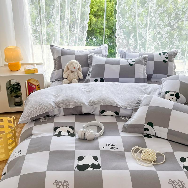 Cute Panda Duvet Cover Twin Queen Size for Kids Girls Boys Room Decor,Gray Grid Bedding Set 3pcs,Cartoon Animals Comforter Cover