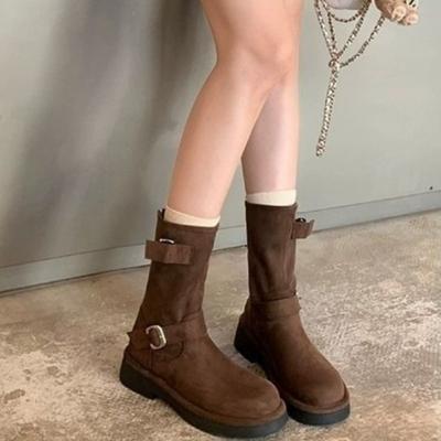 Осенне-зимние замшевые женские полусапоги до середины икры с круглым носком на платформе, женские полусапожки Y2k, шикарные и элегантные, горячая новинка в готическом стиле