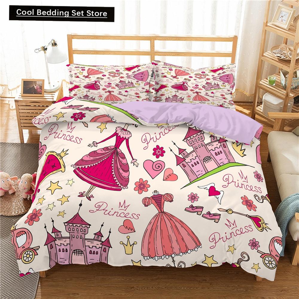 Kids Cartoon Duvet Cover Set Full/Queen Microfiber 3D Bedding Set Soft Pink Castle Princess Comforter Cover with Home Textile