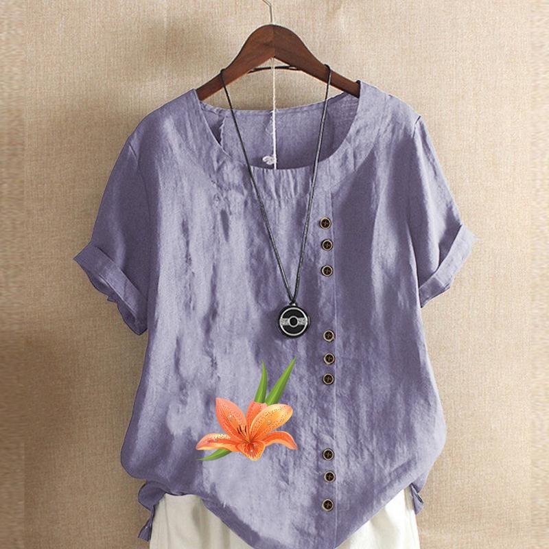 Women's Fashion Round Neck Short Sleeve T-shirt Casual Cotton Linen Graphic Shirt Flower Prined Summer Blouse Tops Plus Size