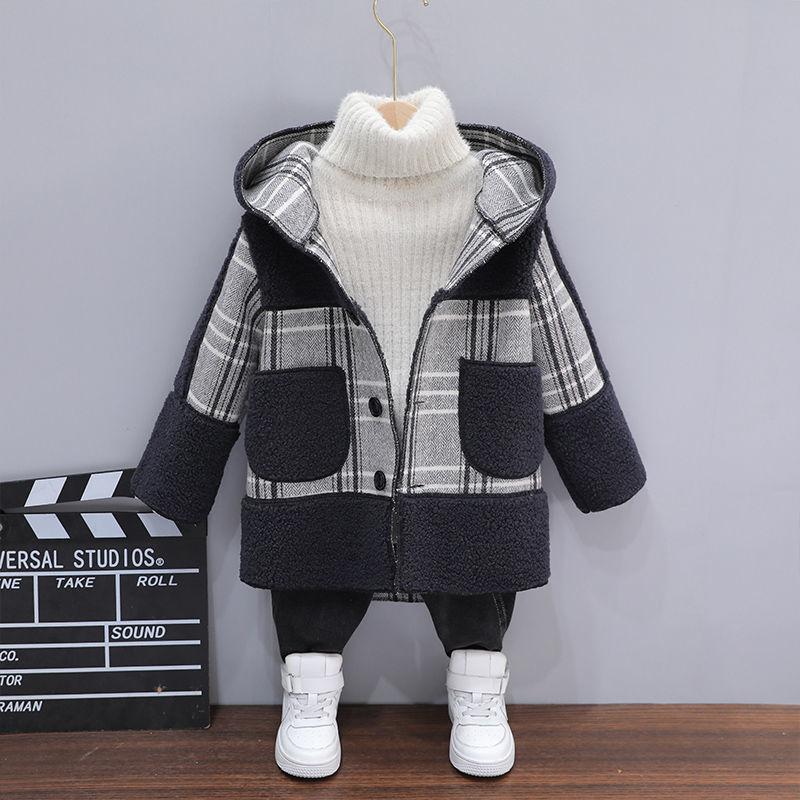 Шерстяное пальто для мальчиков с зимней флисовой клеткой, детское хлопковое пальто, повседневное шерстяное пальто для детей 6-12 лет