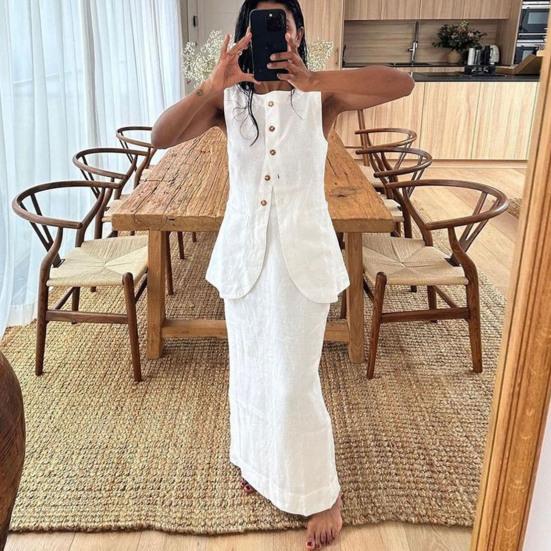 Collar Sleeveless Vest Long Skirt Suit Summer Matching Set for Party Office Daily Wear