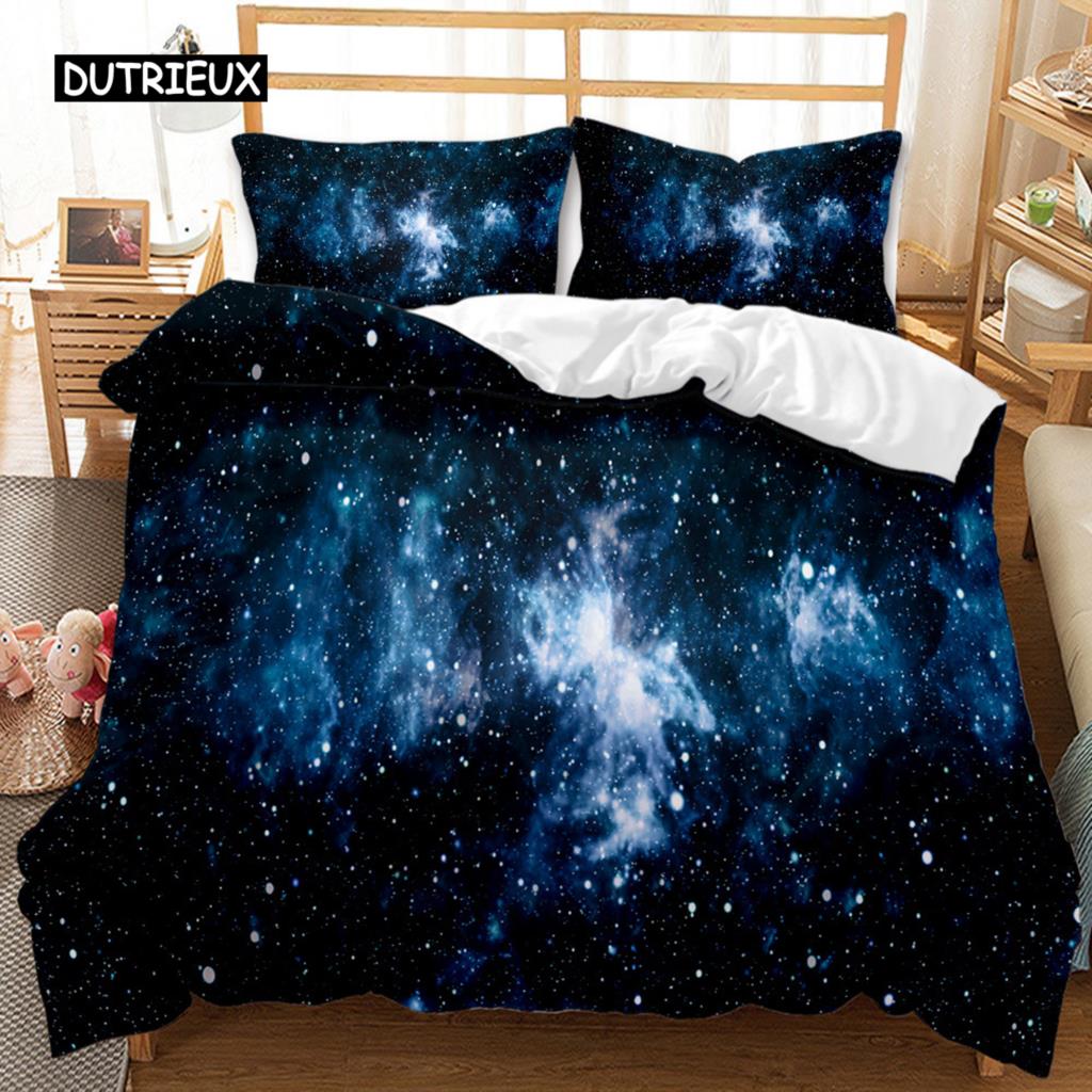 Постельное белье King Size: Комплект пододеяльника "Звездное небо", Зеленый принт "Космос", Размер Twin, Полиэстер, Абстрактное расположение
