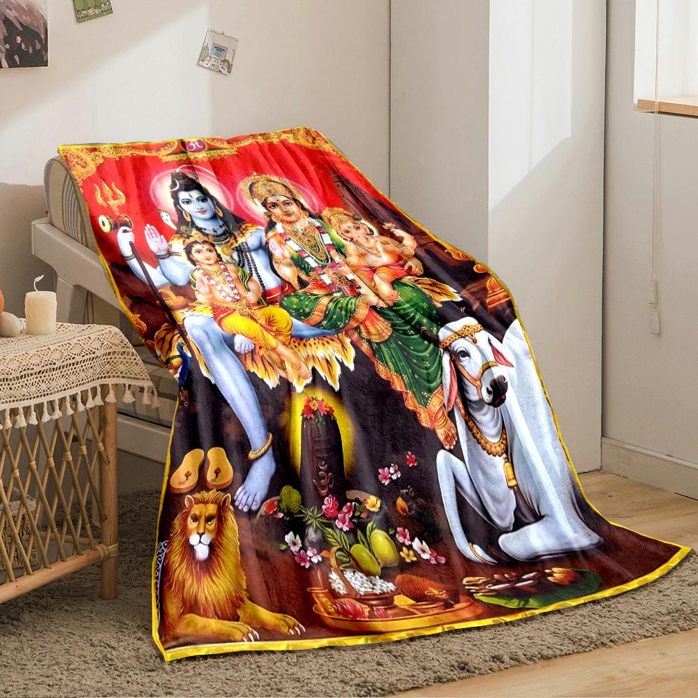 "Hindu Deities Family Illustration on Blanket"Flannel blanket for bedroom, living room, sofa, and nap