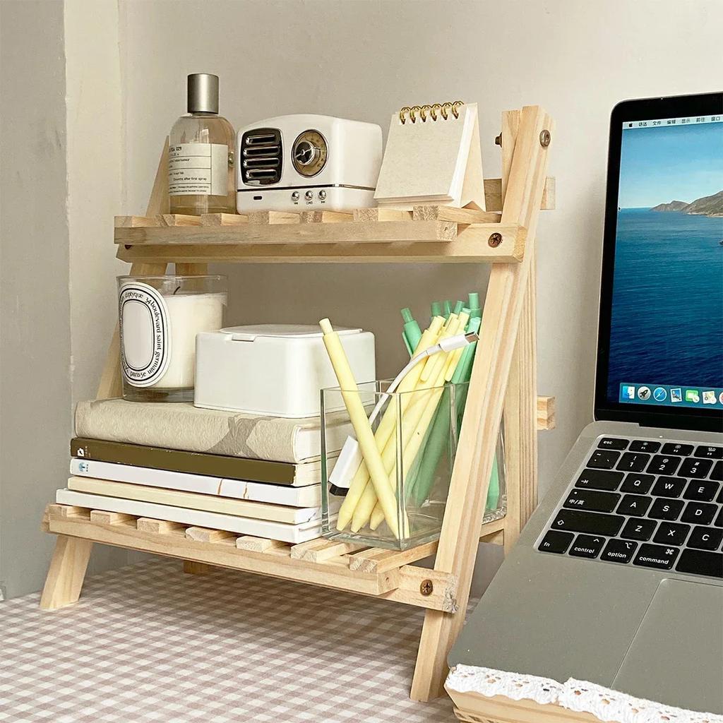 Wooden Desktop Storage Rack 2-Layer Desktop Storage Shelf Folding Desk Storage Organizer Stationary Shelf for Dormitory Bedroom