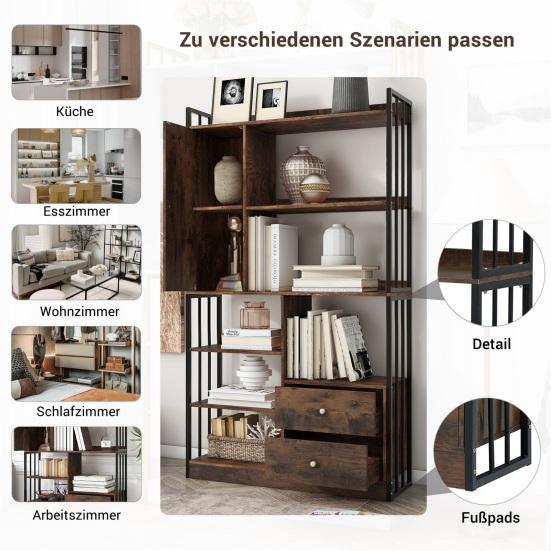 Bookcase, 6 Shelf Bookcase with Doors And Drawers Floor To Ceiling Bookcase, Industrial Bookcase, Steel Shelf,