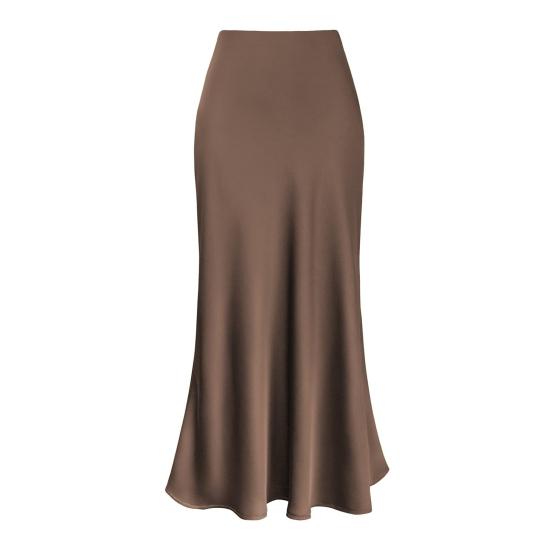 Women Elegant Faux Silk Satin Skirt High Waist Fishtail Skirt A-Line Solid Color Glossy Office