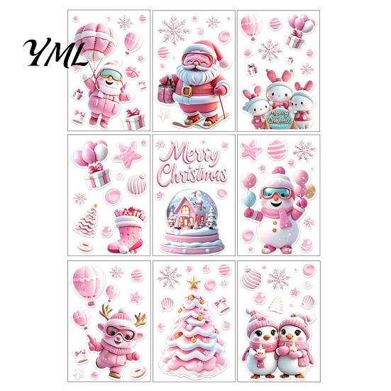 Reusable Christmas Decorations 9Pcs Pink Static Window Clings, Santa Snowman Bunny Penguin Glass Claus Decor Decals, Xmas Stickers, Holiday