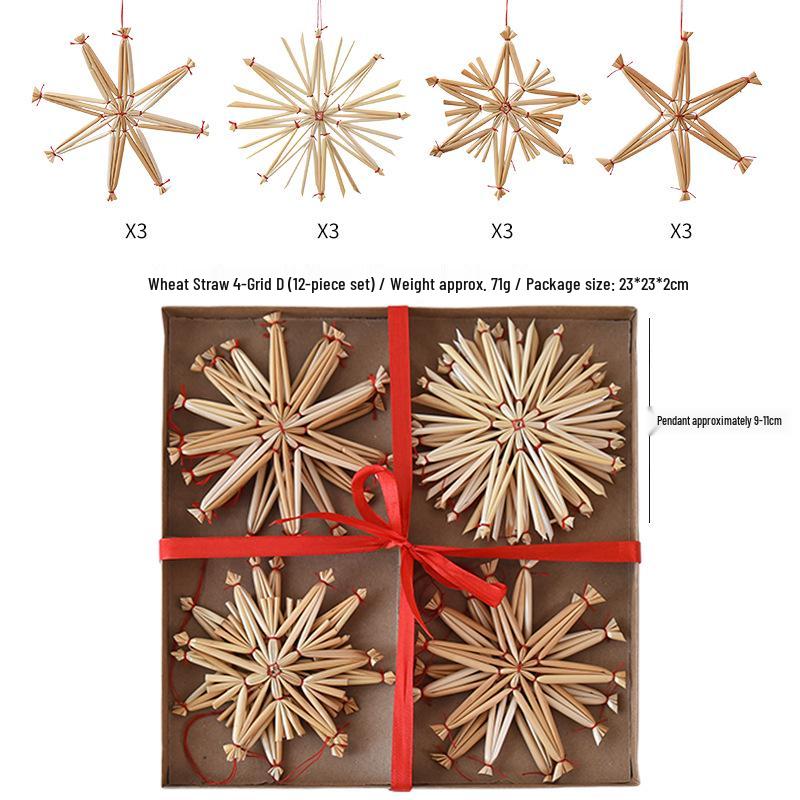 Handmade Wheat Straw Christmas Star and Snowflake Ornaments