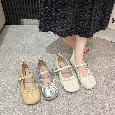 Женские туфли Мэри Джейн 2025 новая весна и осень вечерние французские туфли на мягкой подошве одинарные туфли на плоской подошве бини серебристые маленькие кожаные туфли женские