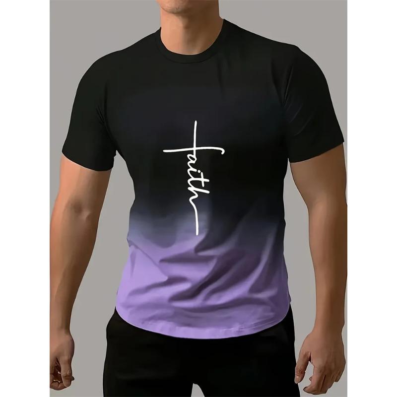 Men's Casual T Shirt Splicing Color Novelty Faith 3D Cross Symbol Printing Retro Summer Daily Top Shirt