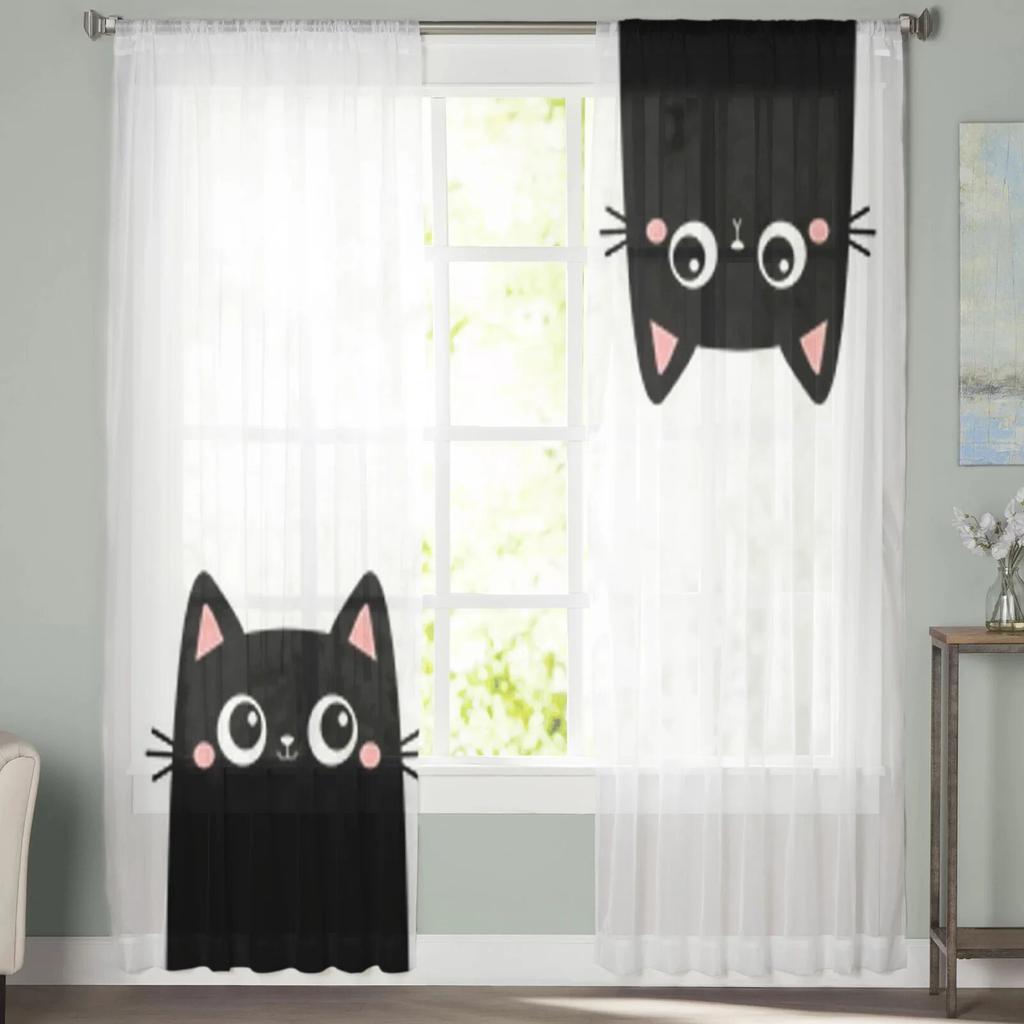 Две черные прозрачные шторы с котенком для окна гостиной, прозрачная вуаль, тюлевая занавеска, шторы для спальни, домашний декор