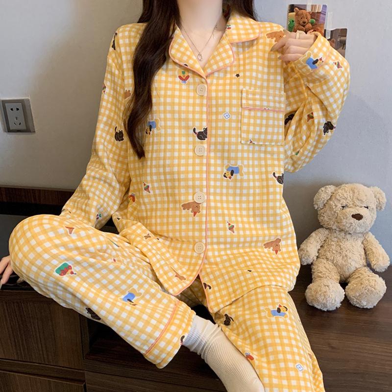 Air cotton sandwich pajamas women's autumn and winter long-sleeved cute dachshund dog polka dot warm loungewear set