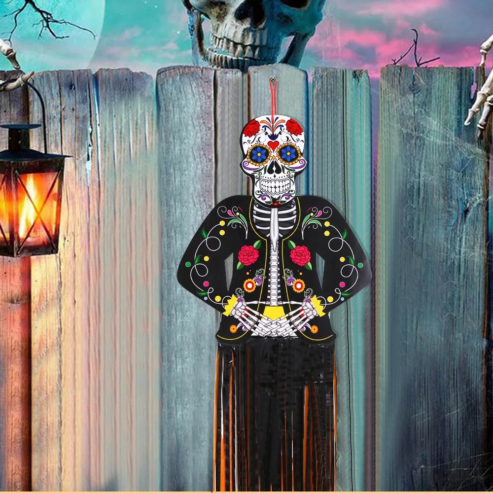 Mexico Day of the Dead Porch Sign Halloween Party Outdoor Decor Skeleton Ghost Couple Bride and Groom Patio Door Hanging Flags