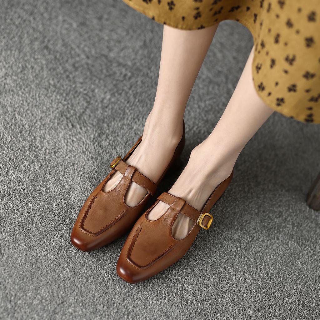 Krazing Pot Sheep Suede Square Toe Chunky Med Heels Summer Shoes Buckle Straps Women Pumps
