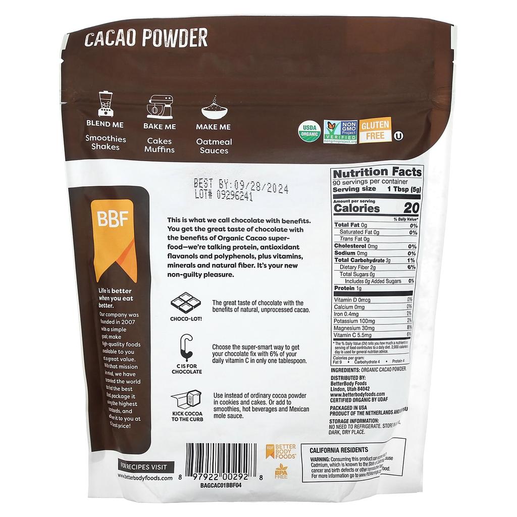 BetterBody Foods Organic Cacao Powder, 1 Lb (454 G)