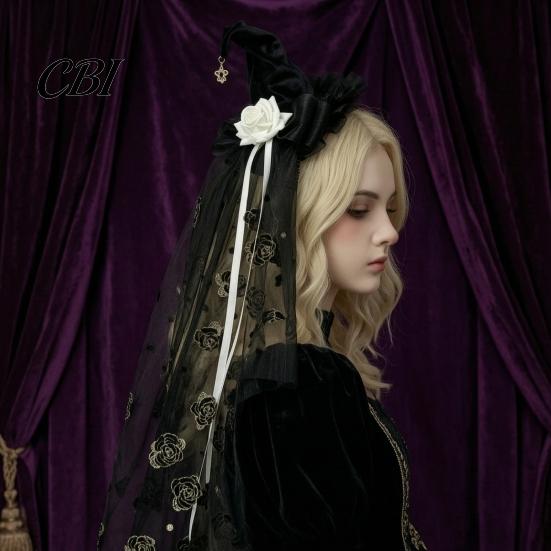 Halloween Night Essentials Witch Hat with Rose for Women, Gothic Vintage Mini Wizard Creative Props Headpiece Veil Costume, Dress Up, Masquerade Party