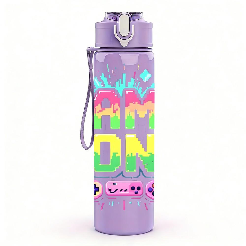 1PC Game On Neon Glow Text Pattern 750ml Color Plastic Sports Water Bottle Leakproof Flip Straw Lid Suitable for Sports Office Home Use