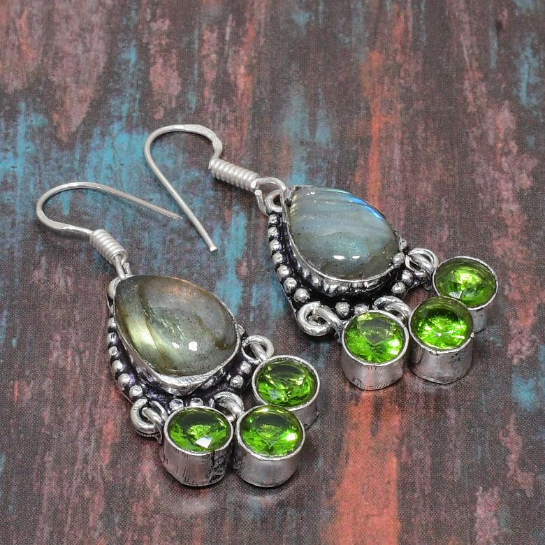 Лабрадорит, перидот, драгоценный камень, стерлинговое серебро 925 пробы, уникальная ювелирная серьга ручной работы