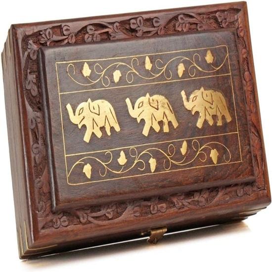 20.32 Cm Wooden Jewellery Keepsake Storage Box With Hand Carved Floral Design And Brass Inlay On Lid Decorative Gifts